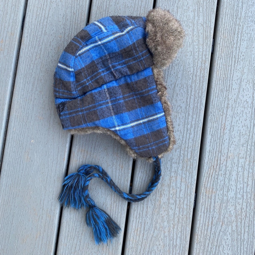 American Eagle Outfitters Blue Plaid Trapper Hat Faux Fur Trim L-XL